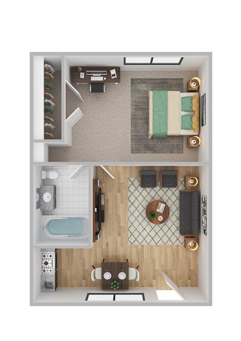 Floor plan for 1 bed, 1 bath, 336 sqft